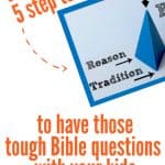 Picture of a Wesleyan Quadrilateral example on a white background with the title - Discover a 5 step tool to have those tough Bible questions with your kids