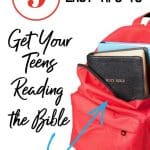 Red backpack with books and a Black Bible - title - 9 easy tips to get your teens reading the Bible