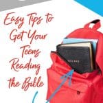 Red backpack with books and a Black Bible - title - 9 easy tips to get your teens reading the Bible