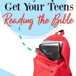 Red backpack with books and a Black Bible - title - 9 easy tips to get your teens reading the Bible