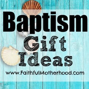 Blue wood with shells. Title: Baptism Gift Ideas