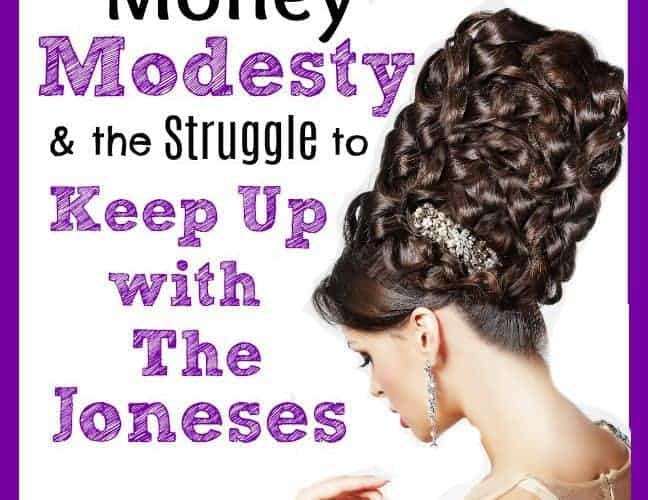 Woman with elaborate updo. Title: Money Modesty & the struggle to keep up with the Joneses