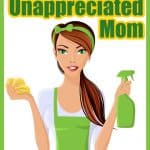 Young unappreciated mom in green with white apron and cleaning supplies.