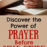 Open Bible with praying hands. Title: Discover the power of prayer before bible study