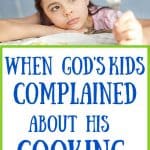 Girl sadly staring at broccoli. Title: when God's kids complained about his cooking