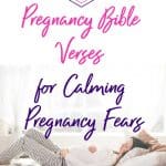 Woman clutching belly in a white and gray pjs and white curtains. Title - 10 pregnancy bible verses for calming pregnancy fears